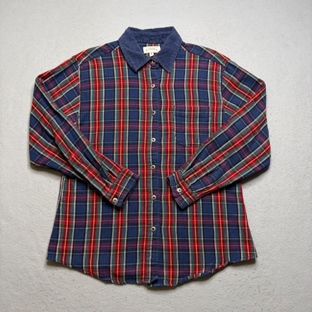 Riders Shirt Mens L Blue Red Plaid Corduroy Collar Vintage 90s Button Down